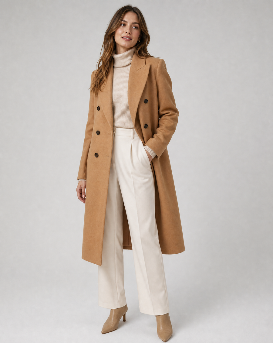 Women's Double-Breasted Elegant Tailored Coat — Long-Sleeve Lapel Wool-Blend Overcoat