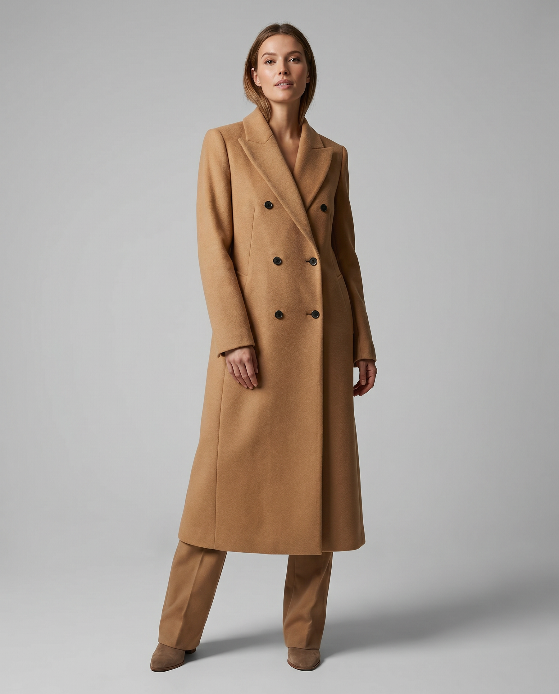 Women's Double-Breasted Elegant Tailored Coat — Long-Sleeve Lapel Wool-Blend Overcoat