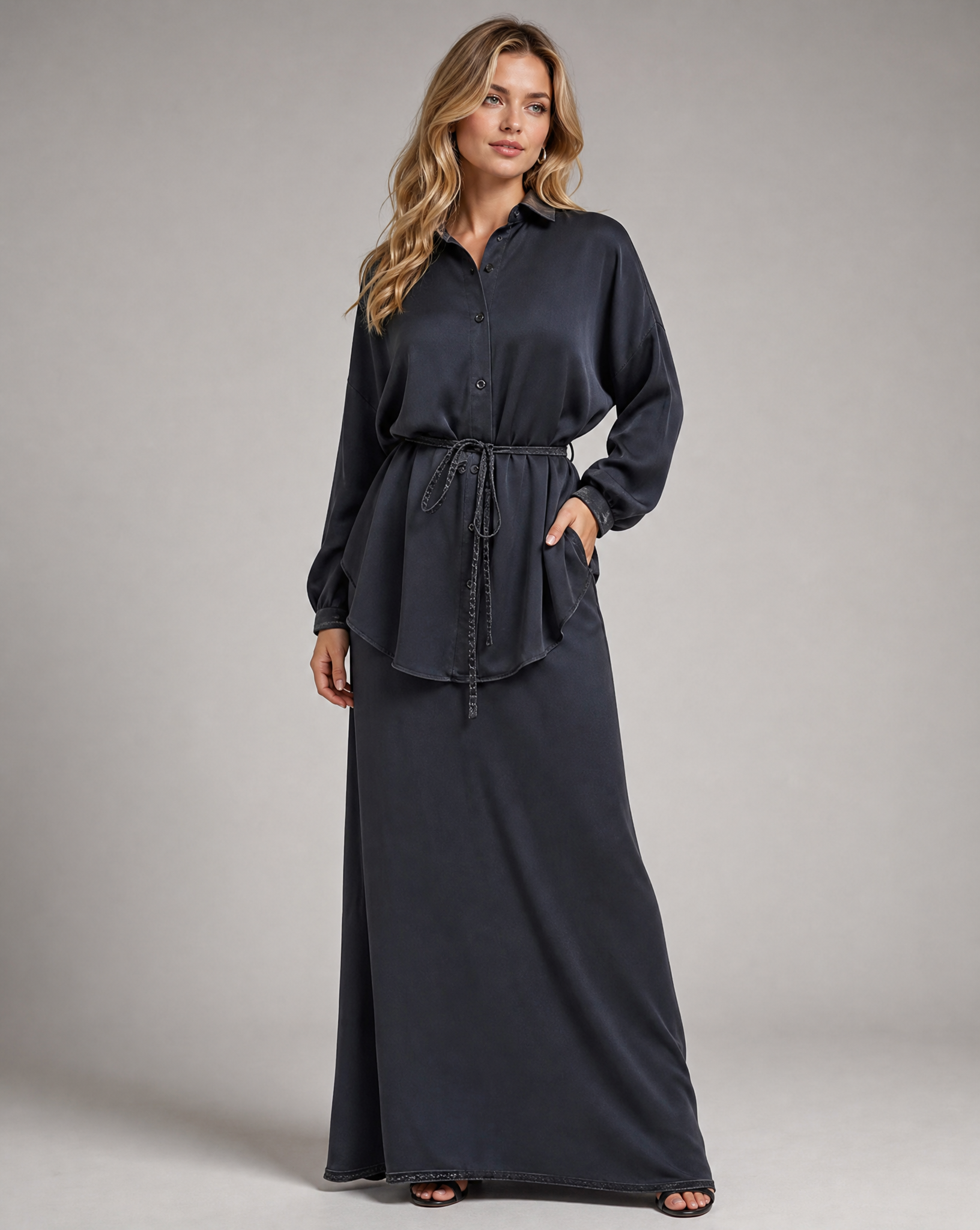 Women's Long Sleeve Tie-Front Shirt and Skirt Two-Piece Set