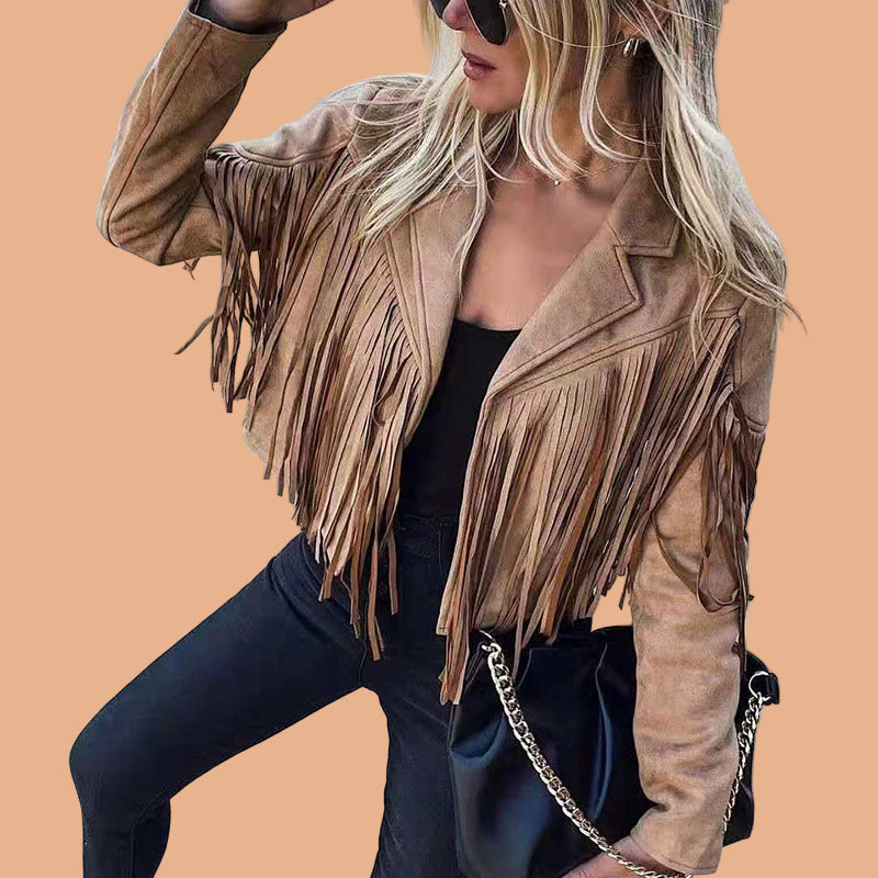 Women's Western Fringe Cropped Suede Jacket — Boho Statement Long-Sleeve Tassel Jacket