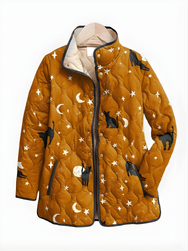 Maya™ | Black Quilted Jacket with Cat Pattern