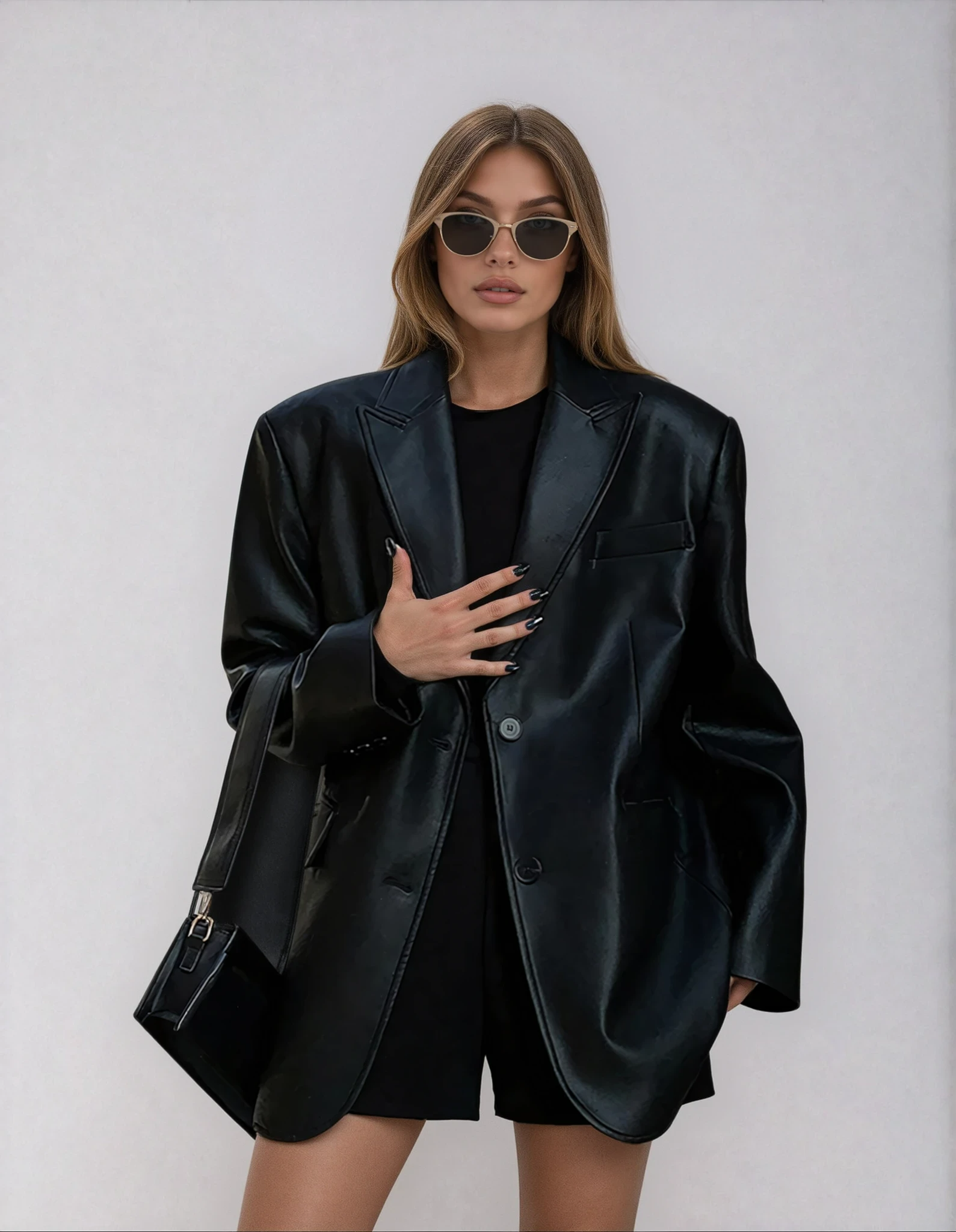 Women's Oversized Faux Leather Blazer with Lapel