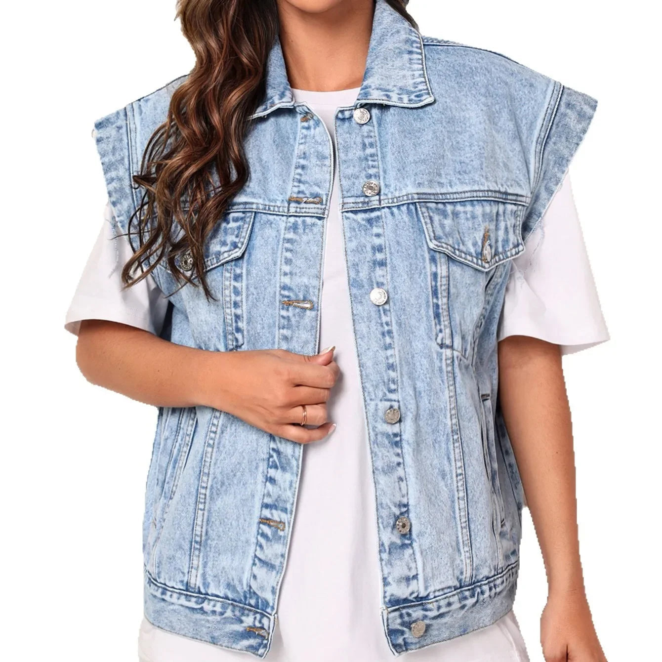 Women’s Casual Oversized Denim Vest with Button-Up Front and Classic Chest Pockets