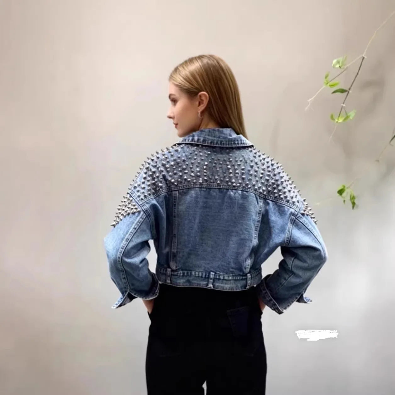 Women’s Cropped Studded Denim Jacket with Structured Shoulders and Statement Detail
