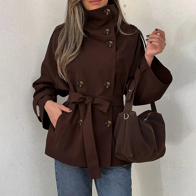 Vintage Trench Coat – High Neck Double Breasted Design for Chic Fall Style