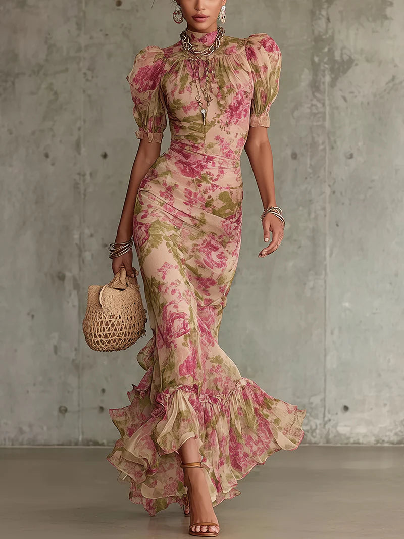 Vintage Rose Print Maxi Dress With Puff Sleeves (Accessories not included)