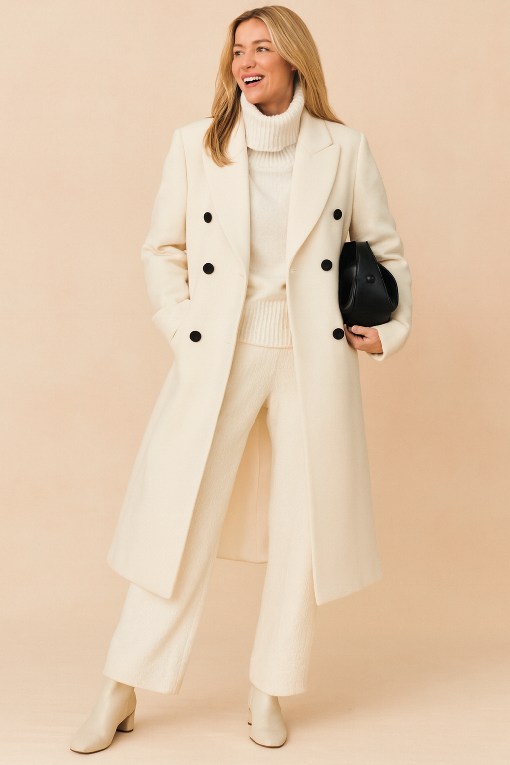 Women's Double-Breasted Elegant Tailored Coat — Long-Sleeve Lapel Wool-Blend Overcoat