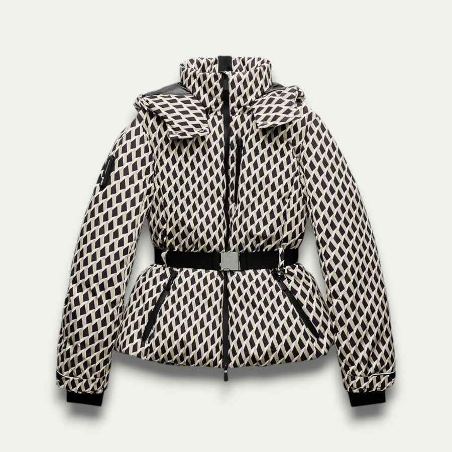 Women’s Belted Beige Patterned Puffer Jacket