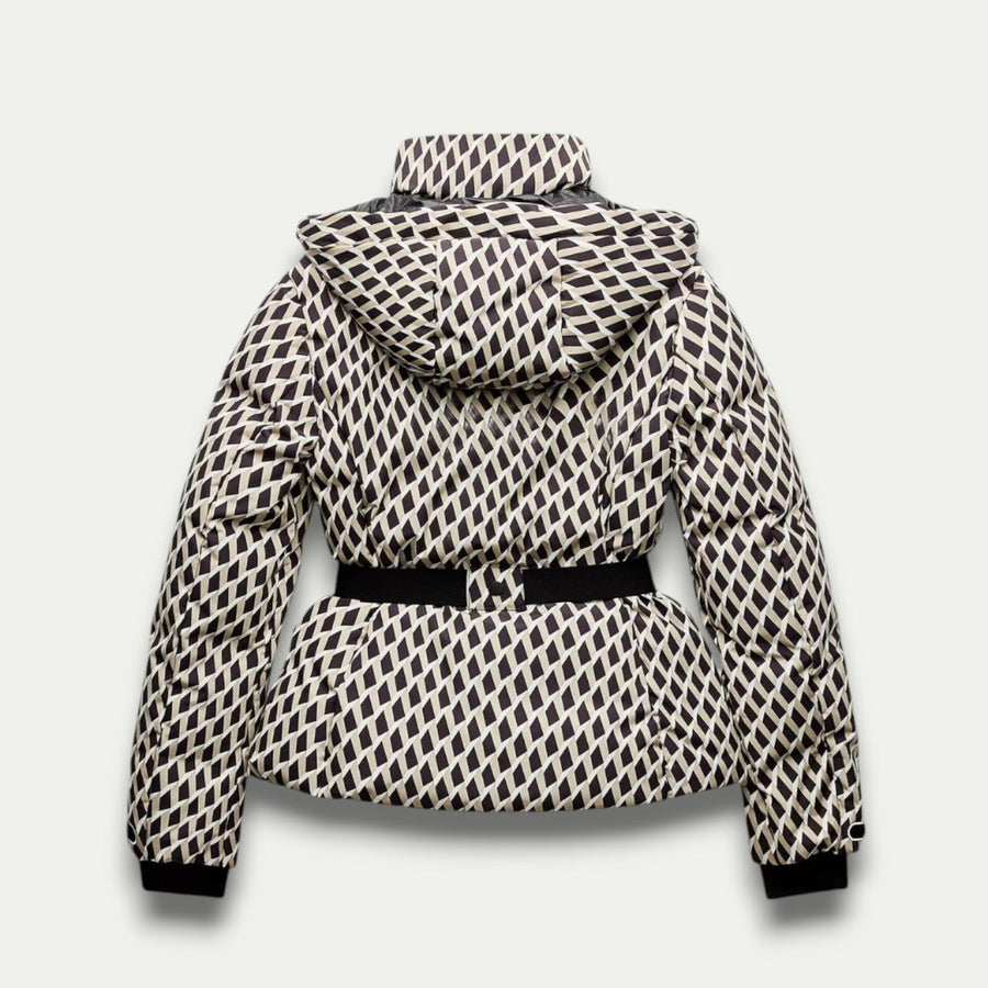Women’s Belted Beige Patterned Puffer Jacket