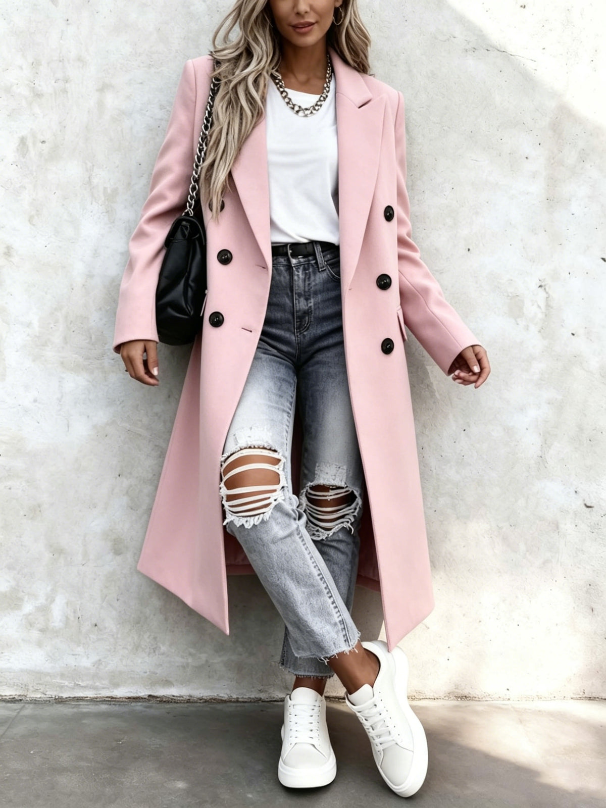 Rosalie – Long Double-Breasted Coat in Blush Pink