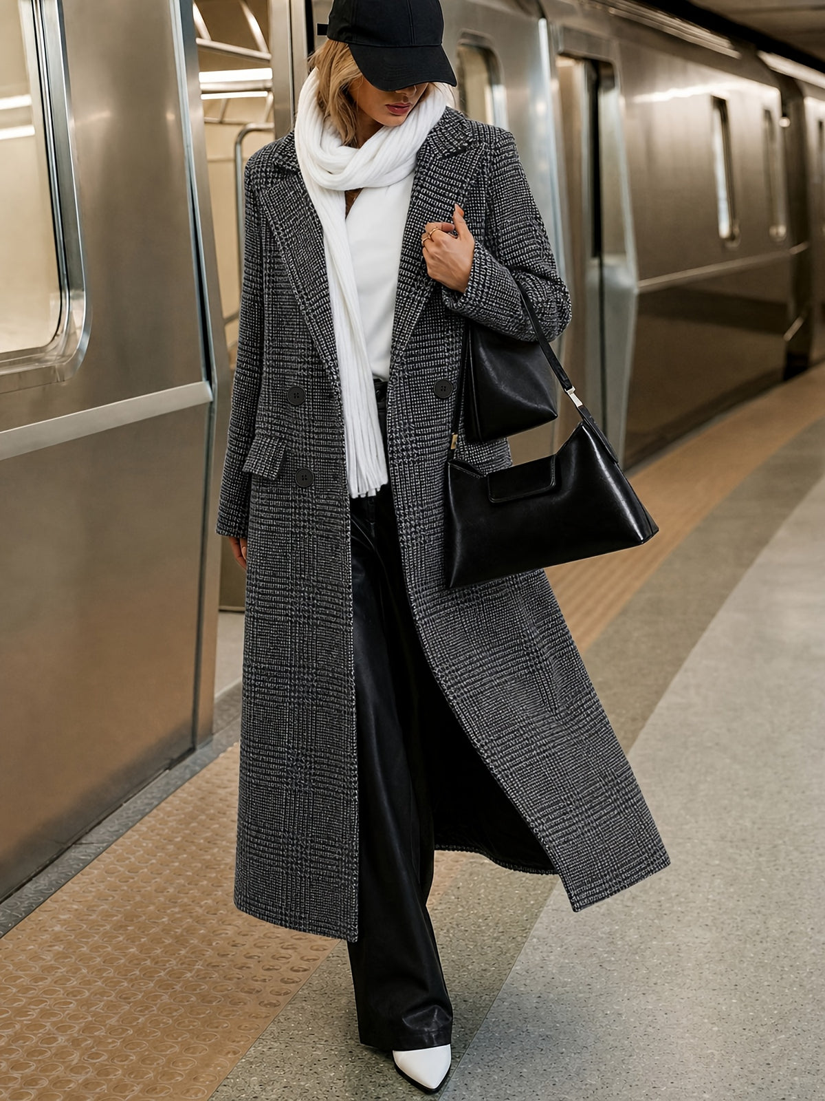 Margaux – Long Houndstooth Check Wool-Blend Coat