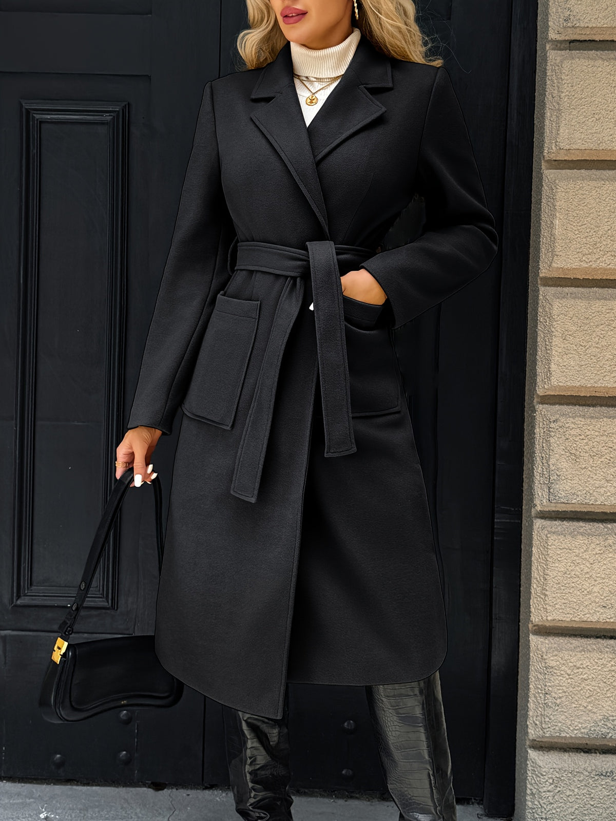 Camille – Belted Long Wrap Coat with Patch Pockets
