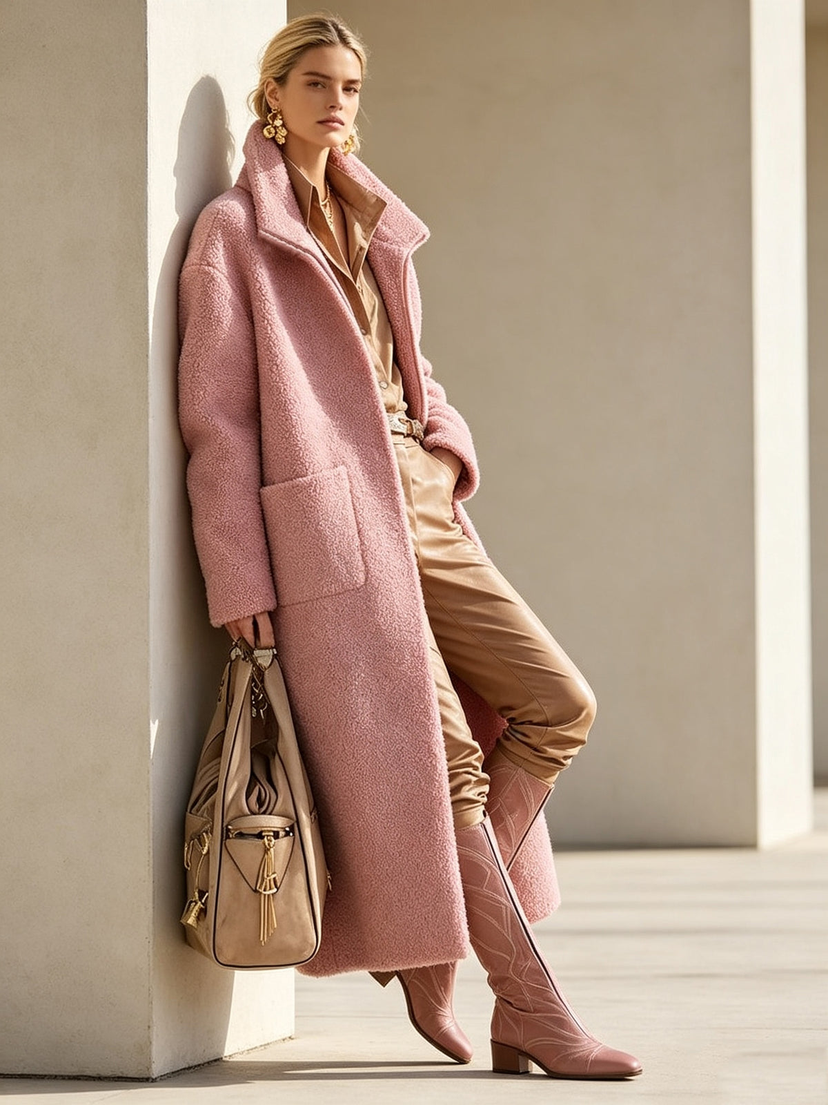 Céline – Long Teddy Coat with Zip in Dusty Pink