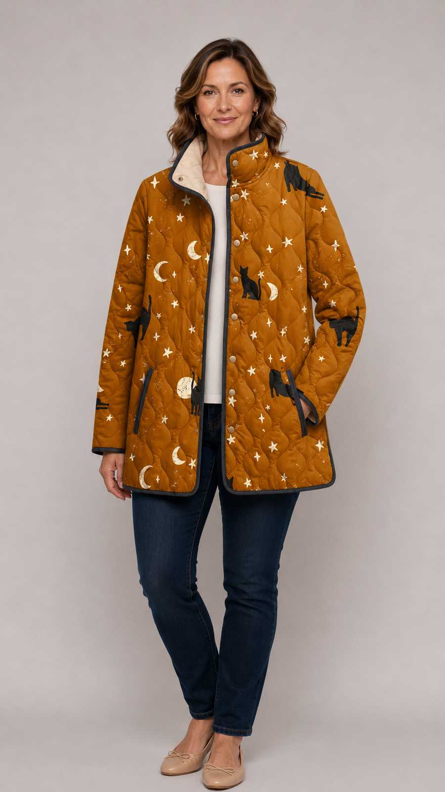 Maya™ | Black Quilted Jacket with Cat Pattern