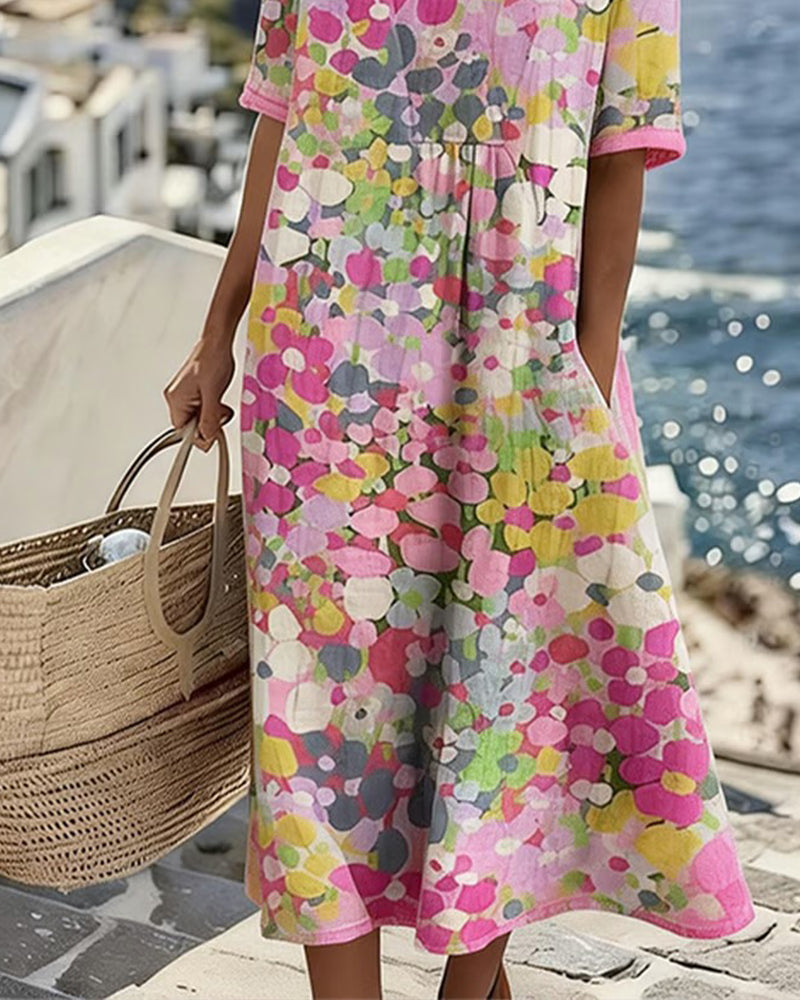 WILLOW | Floral Midi Dress with Round Neck and Short Sleeves for Effortless Summer Style