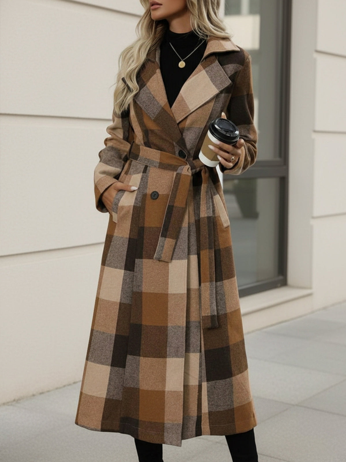 Adele – Belted Long Check Coat in Camel & Cocoa