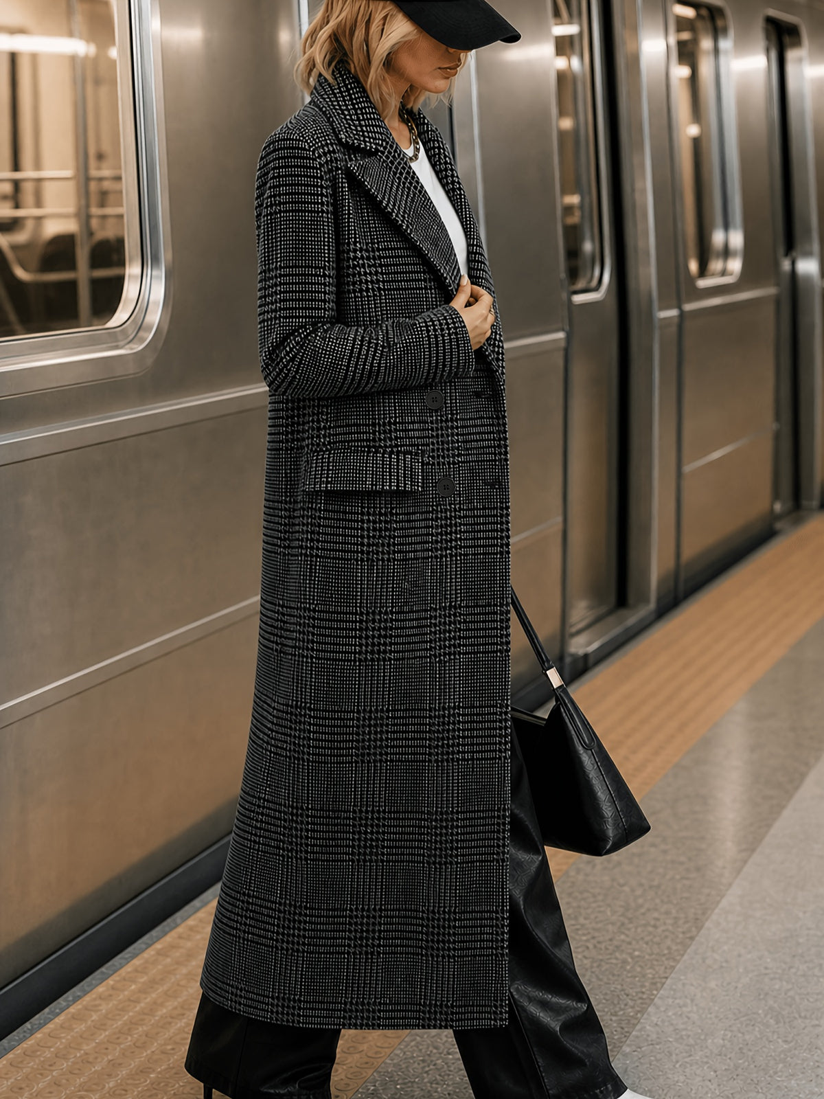 Margaux – Long Houndstooth Check Wool-Blend Coat