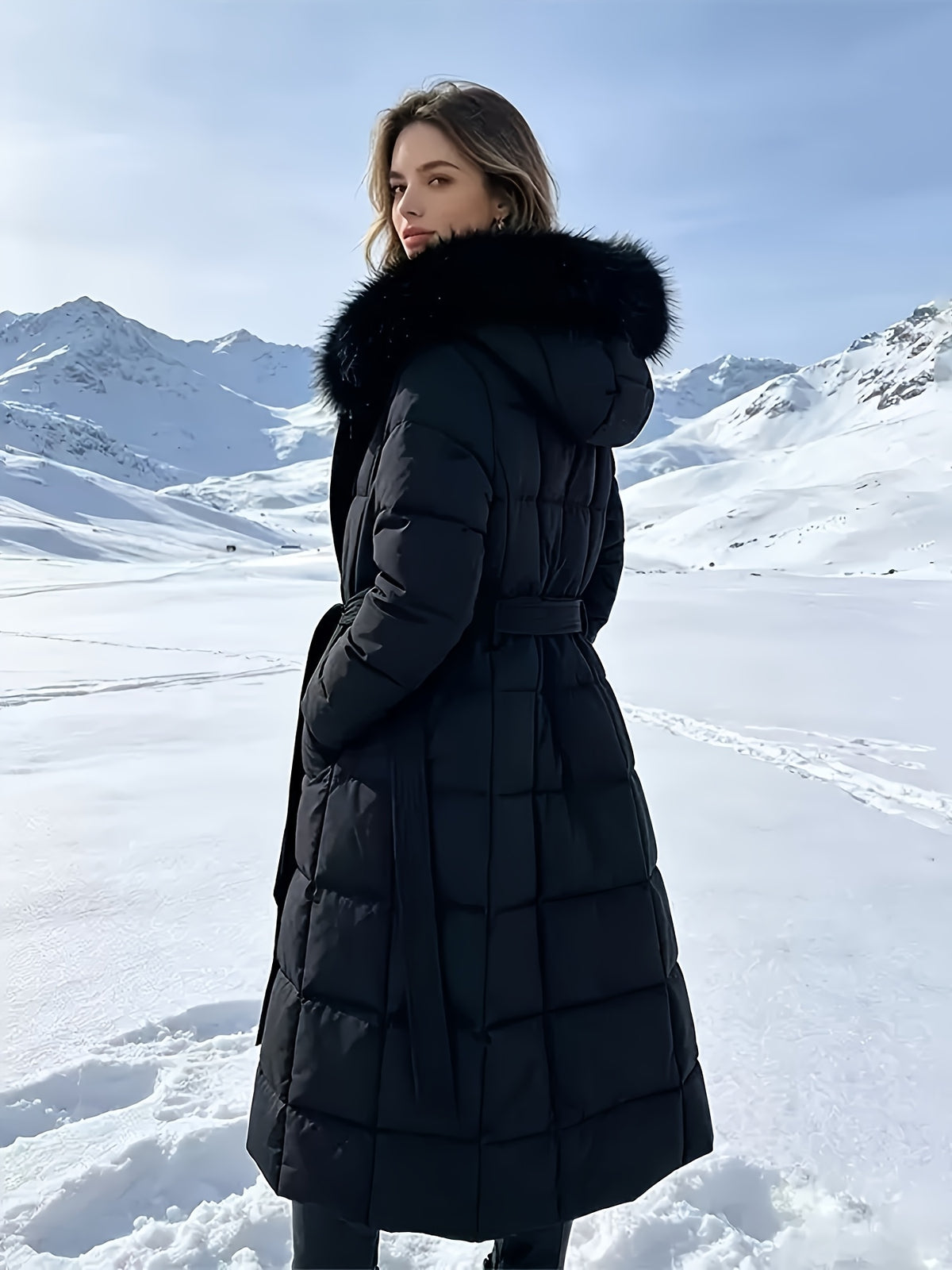 Isabelle – Long Quilted Puffer Coat with Faux-Fur Hood