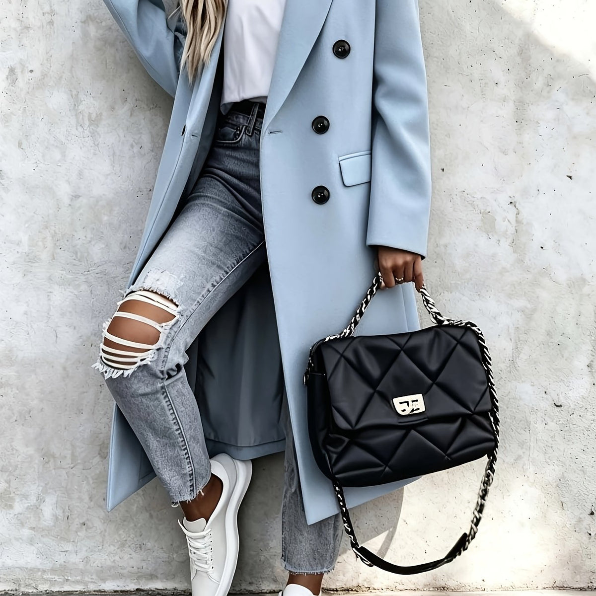Rosalie – Long Double-Breasted Coat in Blush Pink