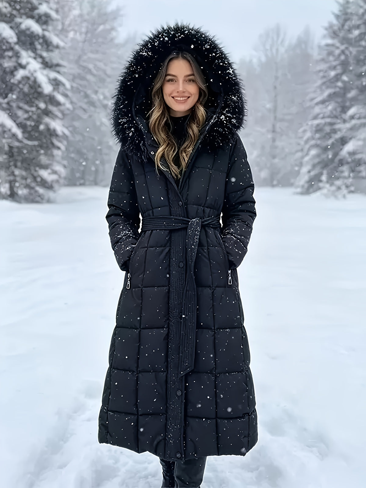 Isabelle – Long Quilted Puffer Coat with Faux-Fur Hood