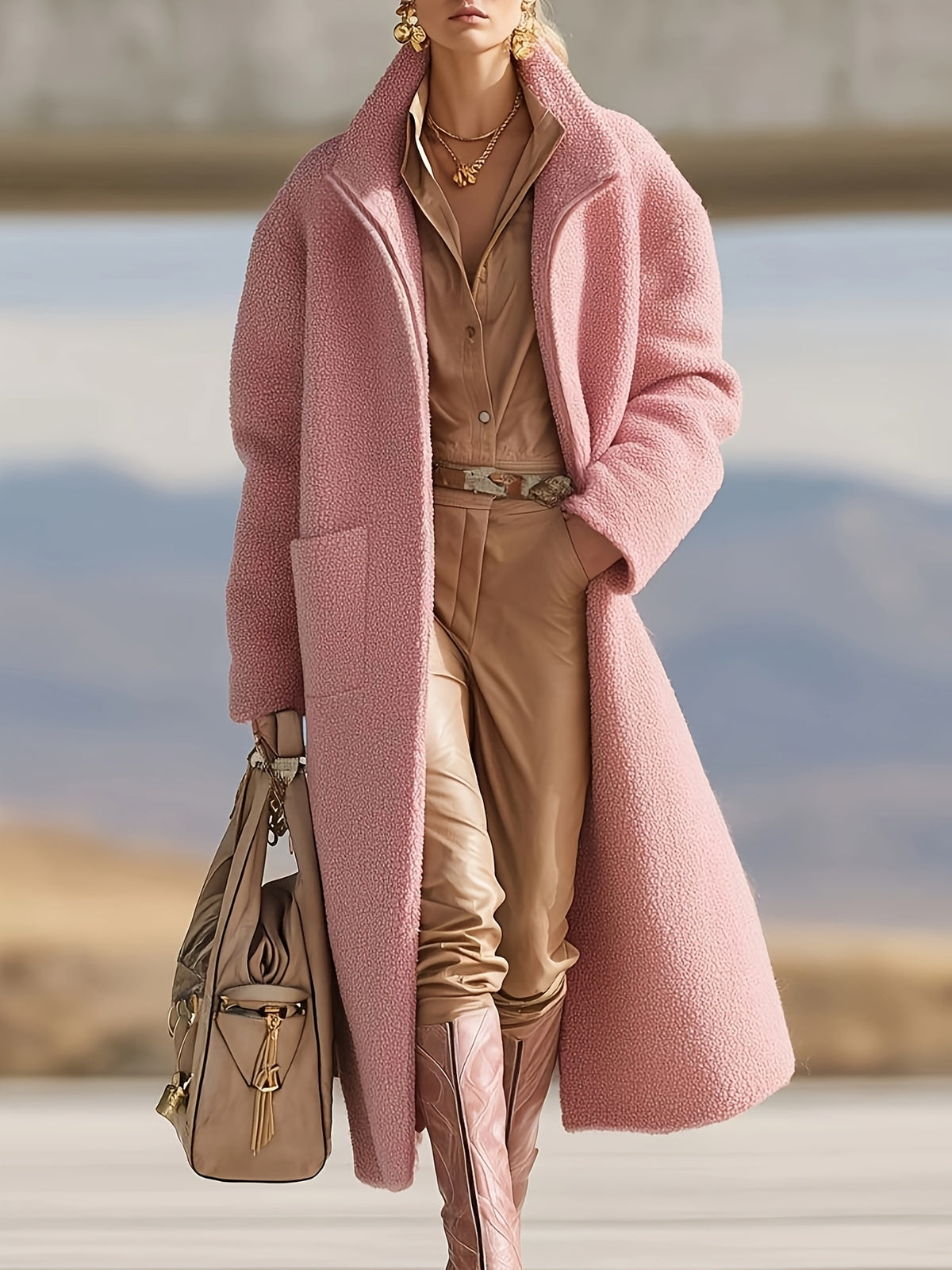 Céline – Long Teddy Coat with Zip in Dusty Pink