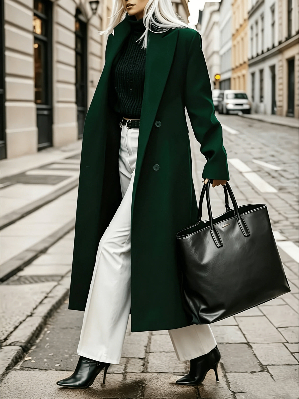 Geneviève – Long Tailored Double-Breasted Coat in Emerald Green