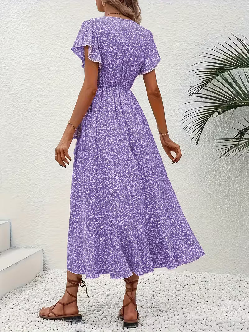 Skye | Floral Wrap Midi Dress with Ruffle Sleeves and Asymmetric Hem