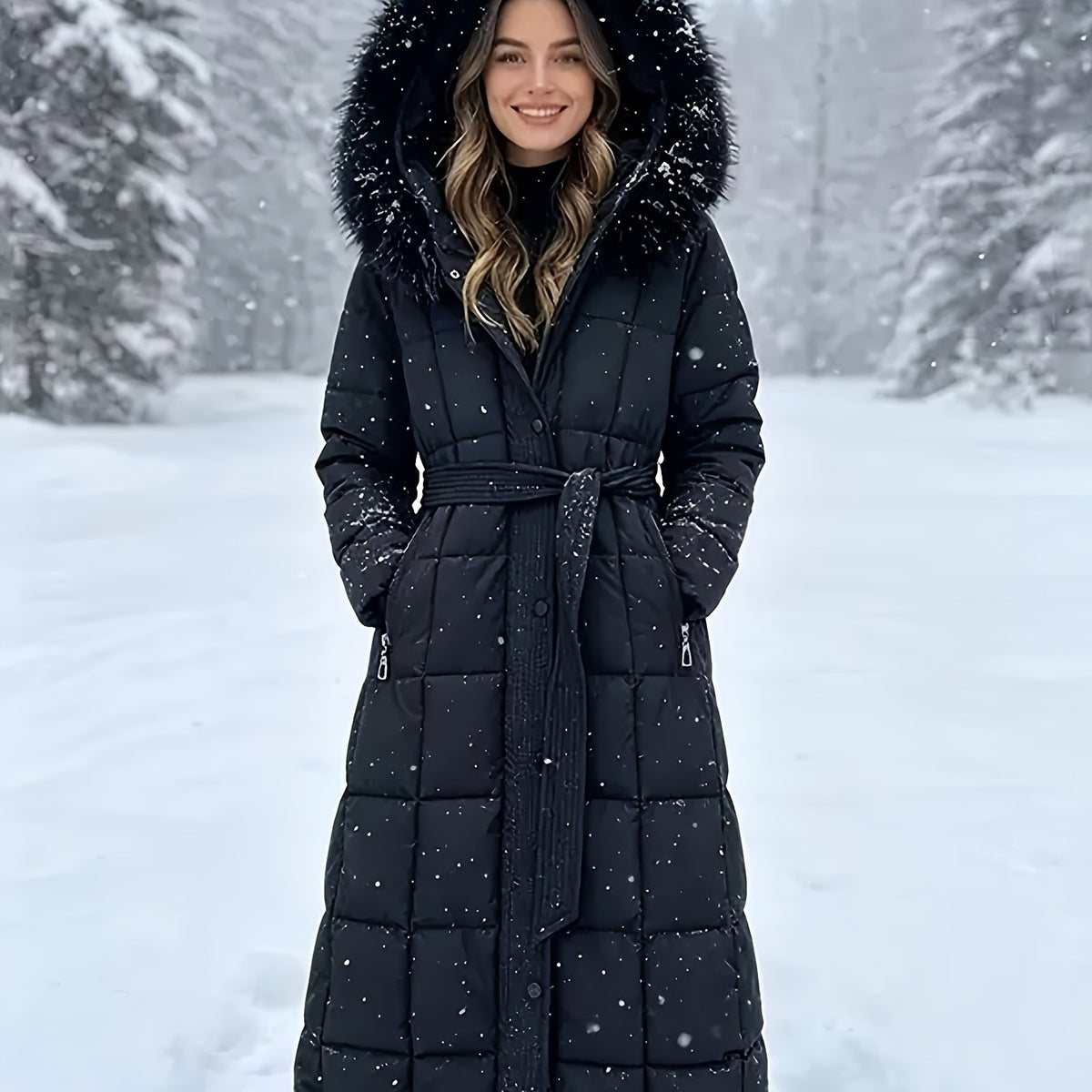 Isabelle – Long Quilted Puffer Coat with Faux-Fur Hood