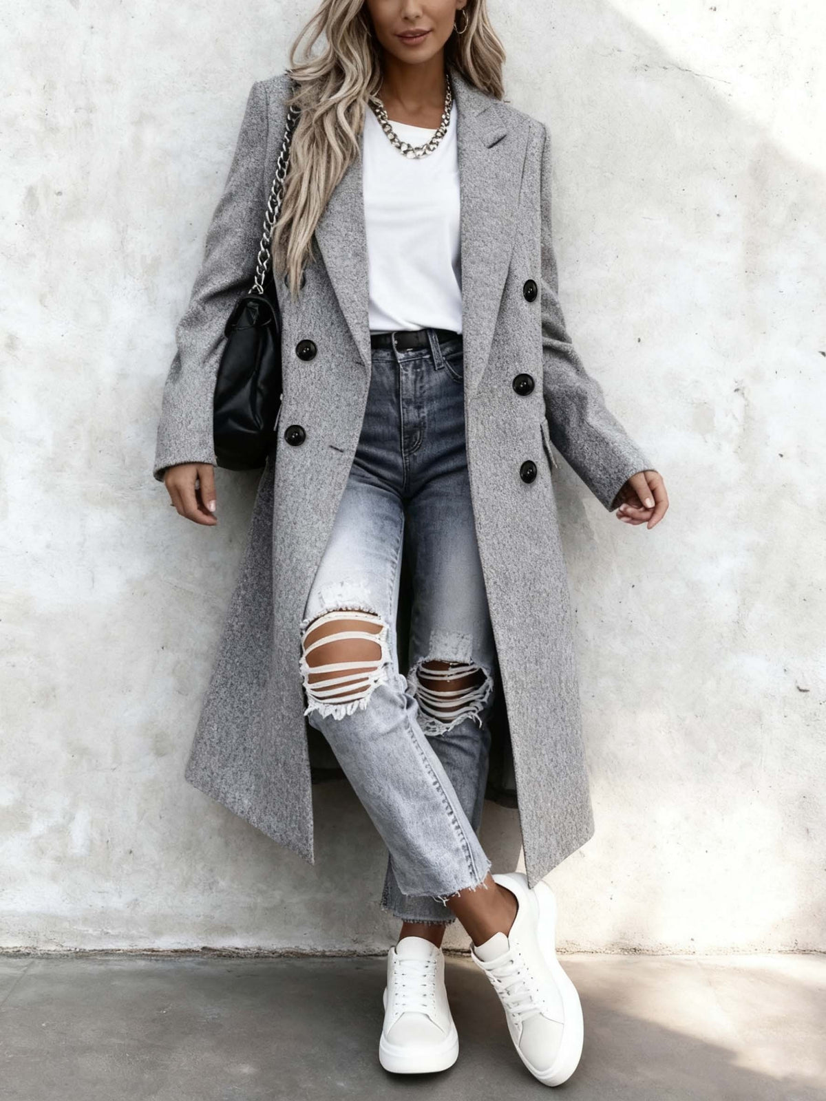Rosalie – Long Double-Breasted Coat in Blush Pink