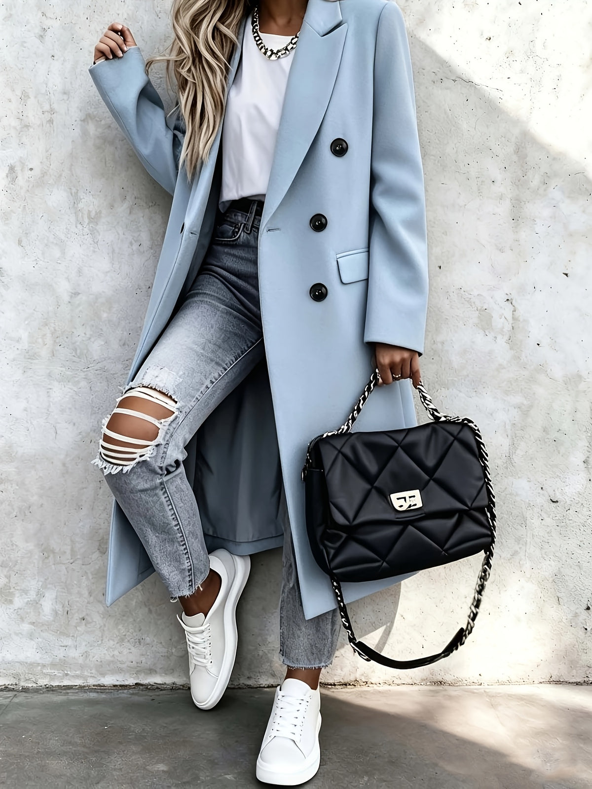 Rosalie – Long Double-Breasted Coat in Blush Pink