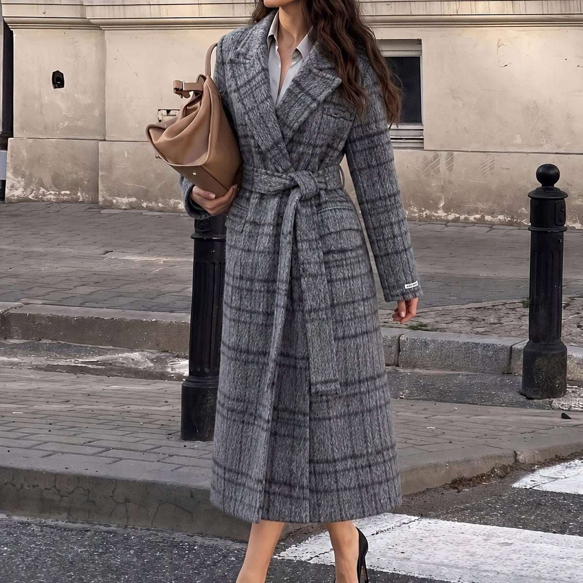 Delphine™ Belted Wrap Coat in Grey Check