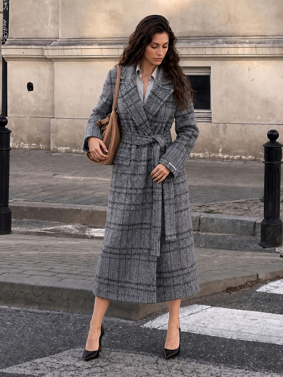 Delphine™ Belted Wrap Coat in Grey Check