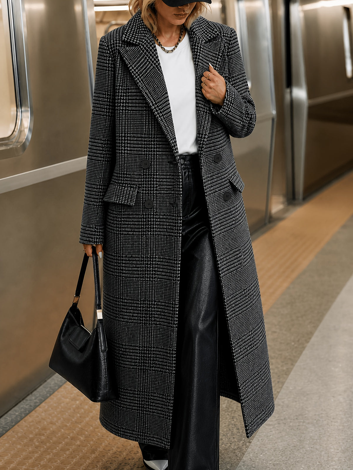 Margaux – Long Houndstooth Check Wool-Blend Coat