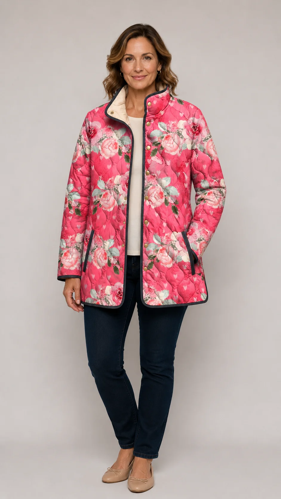 Freya | Charming Pink Floral Print Quilted Jacket