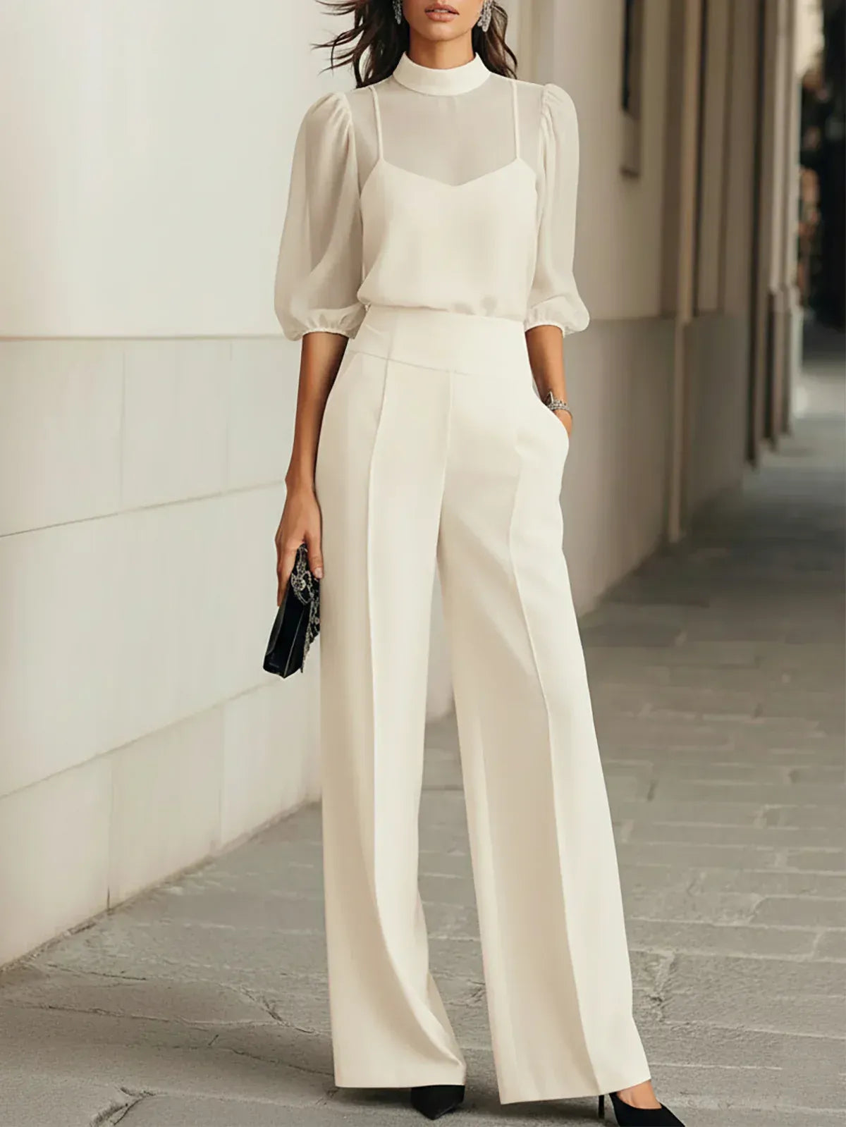 Valentina | Three-Piece Set with Sheer Camisole Top and Wide-Leg Trousers