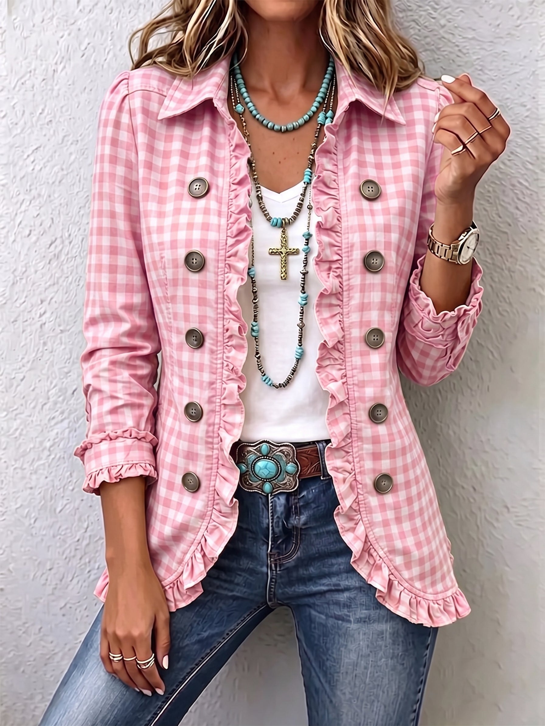 Charlene™ | Gingham Ruffled Button-Down Jacket