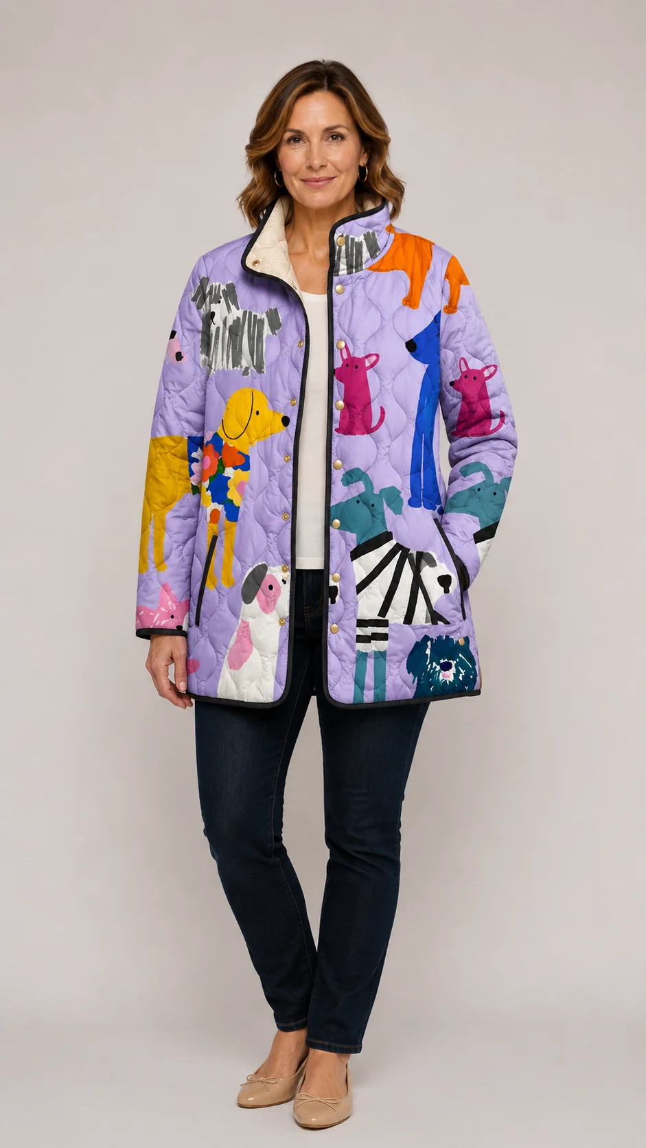 Rhea | Casual Quilted Jacket with Dog Print