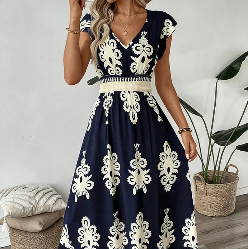 Celeste | Baroque Print Maxi Dress with V-Neck and Smocked Waist